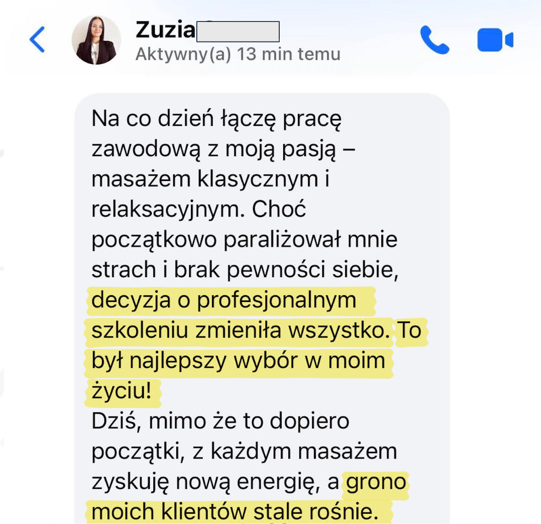 Opinia kursantki o efektach masażu i nauce w Szkole Masażu Online