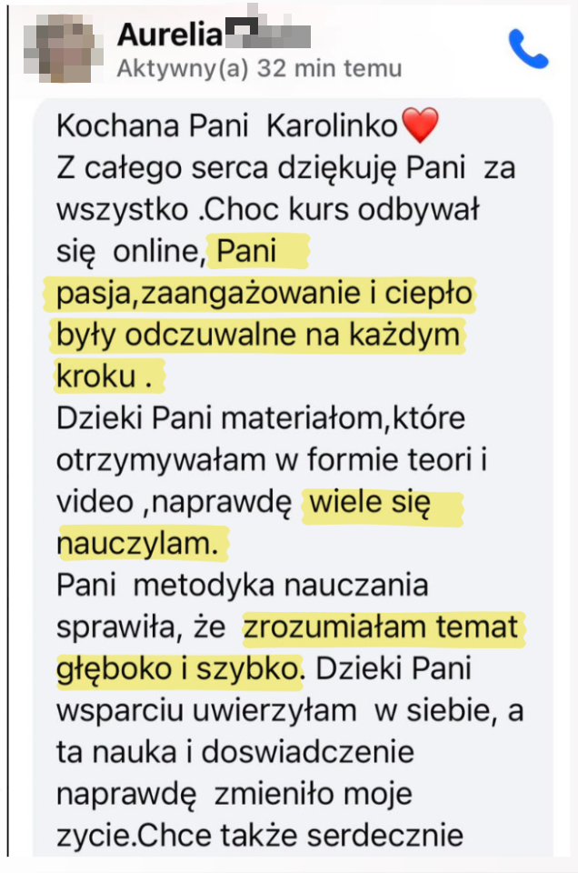 Wiadomość od uczestniczki programu zadowolonej z pierwszych zabiegów