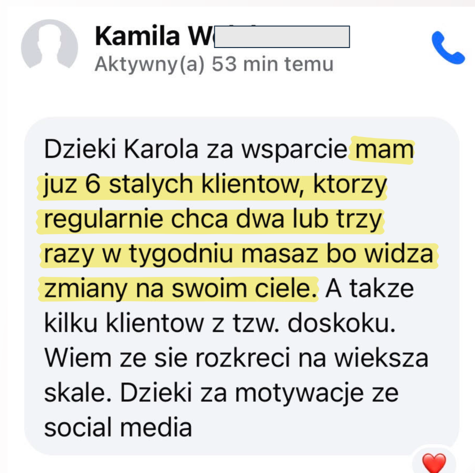 Screen z opinią kursantki o pierwszych klientkach