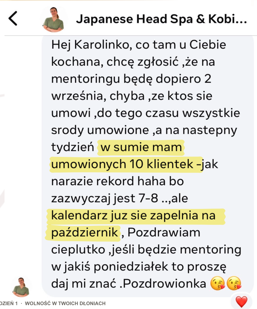 Wiadomość z podziękowaniami za wsparcie Karoliny